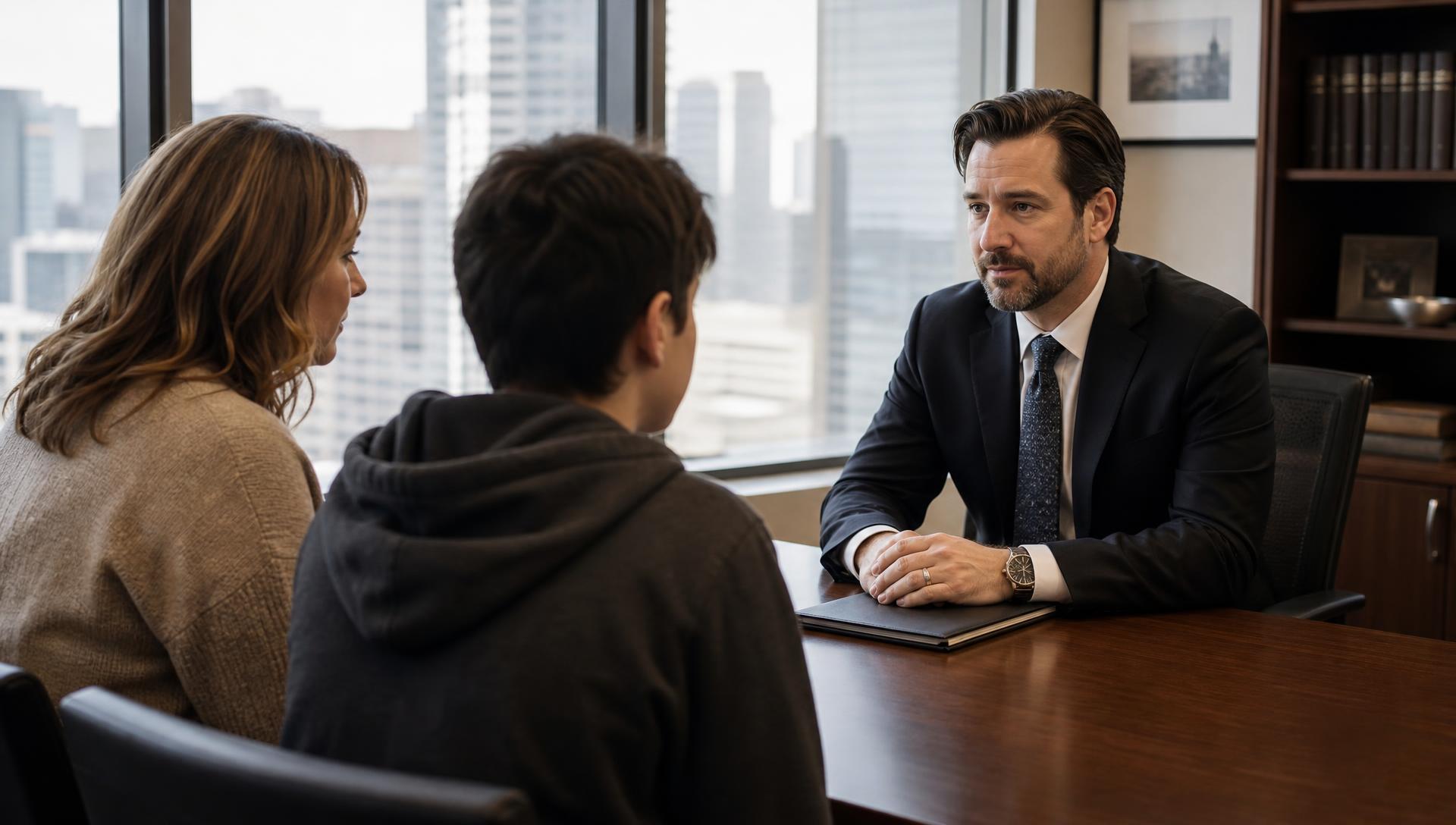 A parent and teenager seated with a criminal defence lawyer in a downtown Calgary law office, the teenager seen from behind