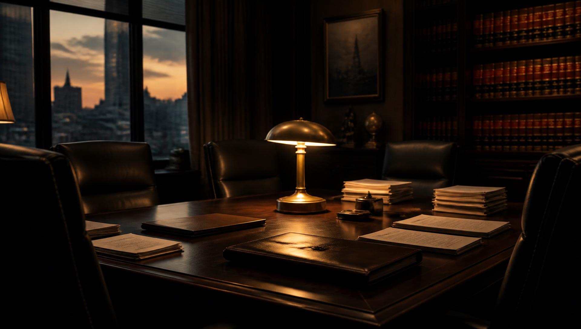 Formal law office boardroom at dusk with dark wood table, brass desk lamp casting warm light on stacked legal documents