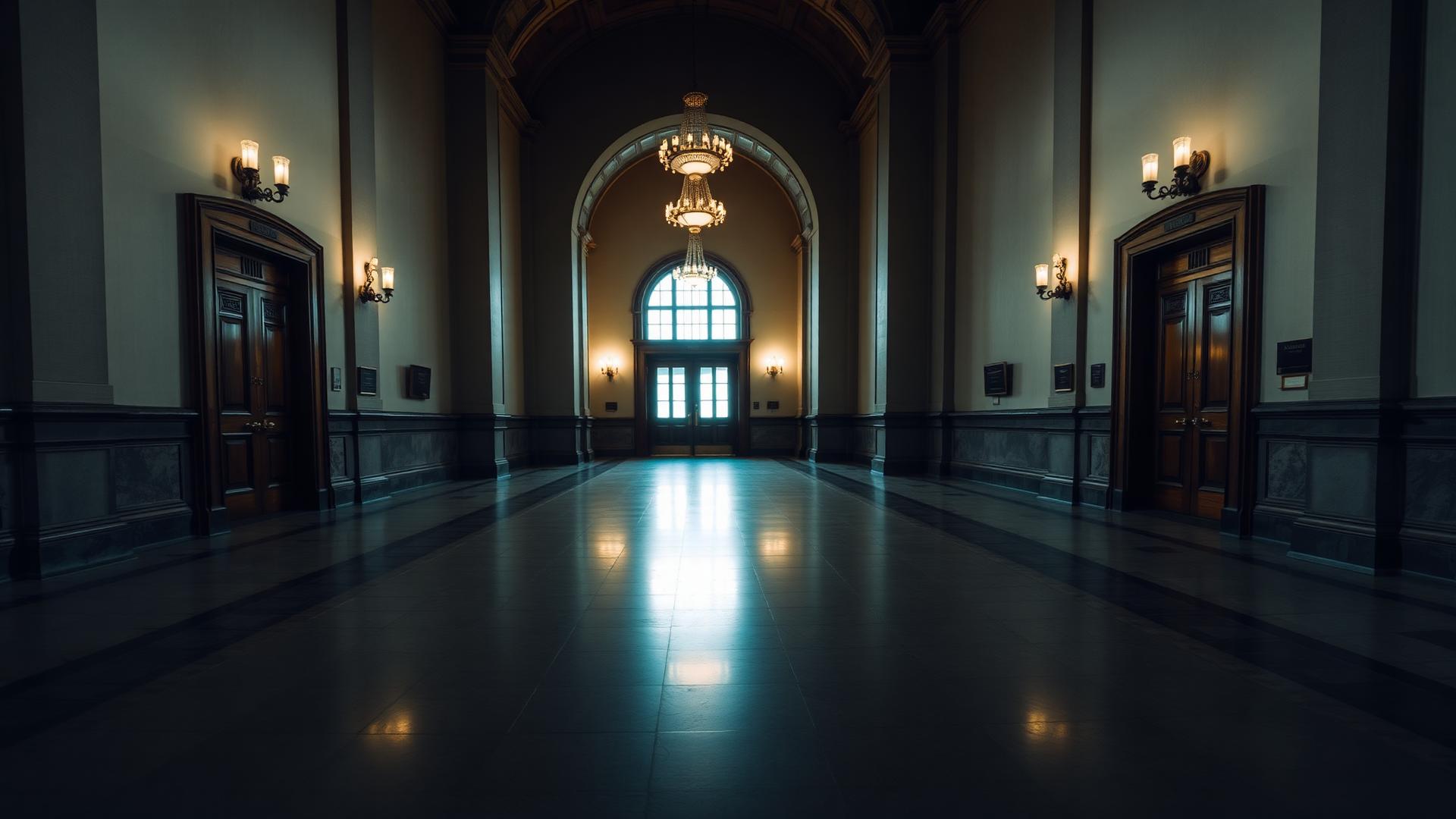 Empty formal courthouse hallway interior with polished stone floor, arched wood doors and warm sconce lighting