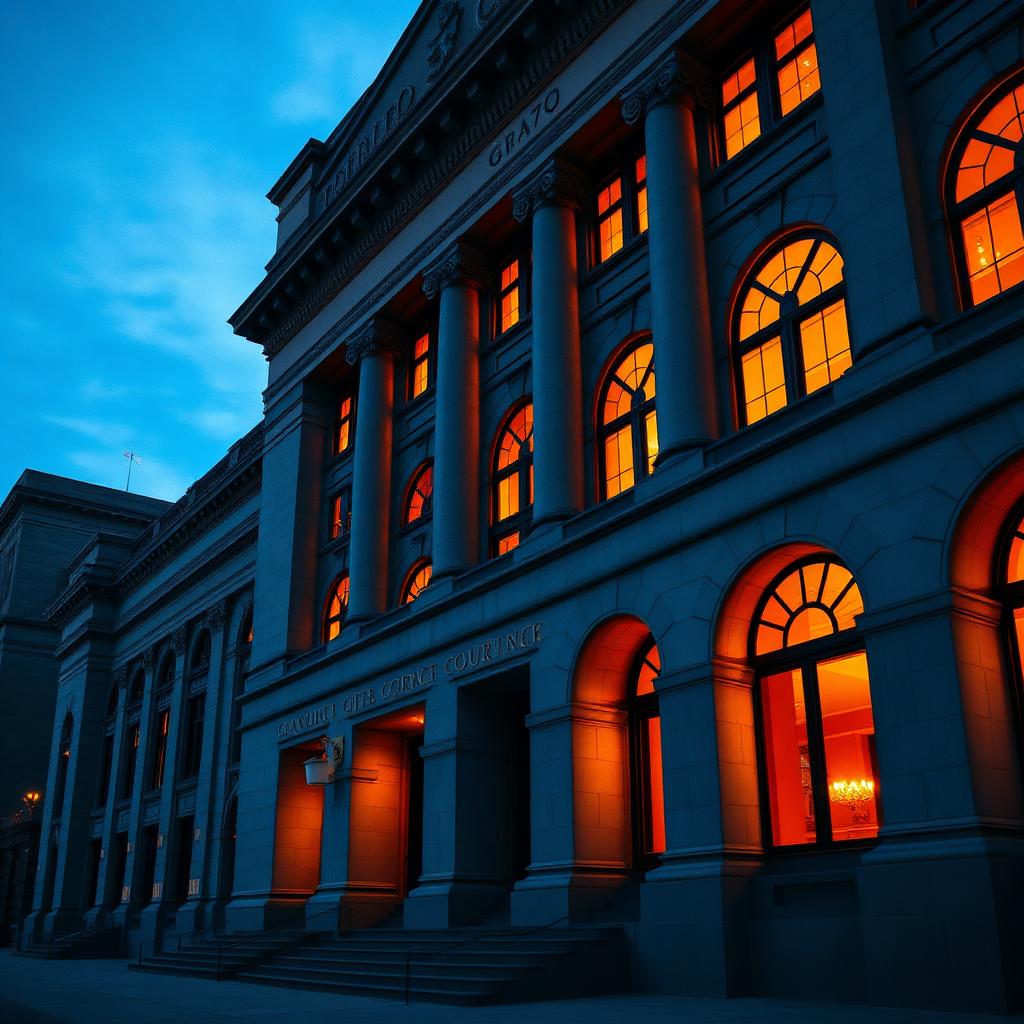 Calgary courthouse exterior at dusk with tall stone columns and warm interior light
