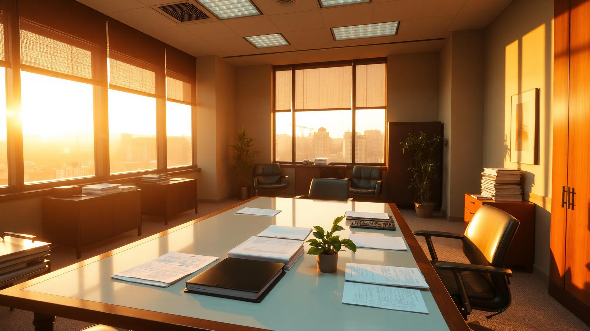 Warm, optimistic professional office interior with golden light streaming through large windows and organized paperwork on a clean desk