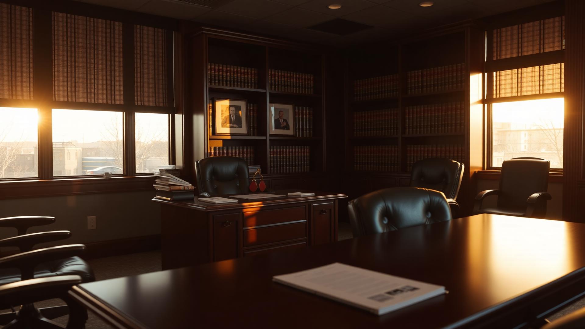 Warm, professional Calgary criminal defence law office interior with mahogany desk and golden hour light