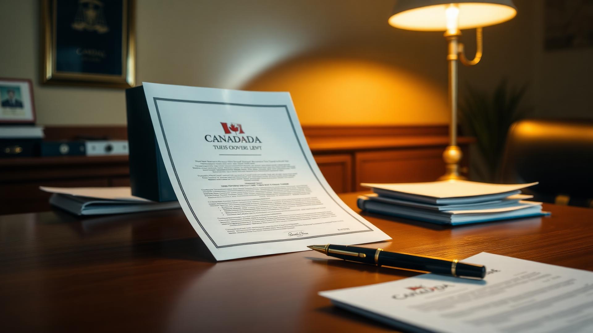 Formal legal office desk with an official Canadian government document, fountain pen, and warm brass lamp light