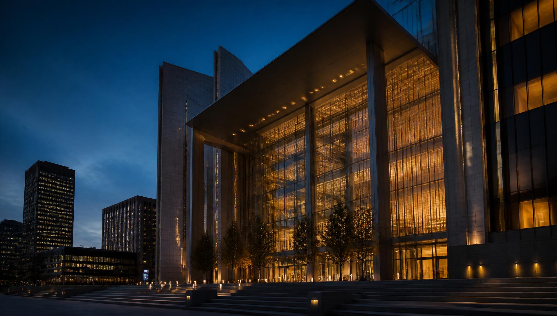 Calgary Courts Centre exterior at dusk with warm interior light glowing through the glass facade