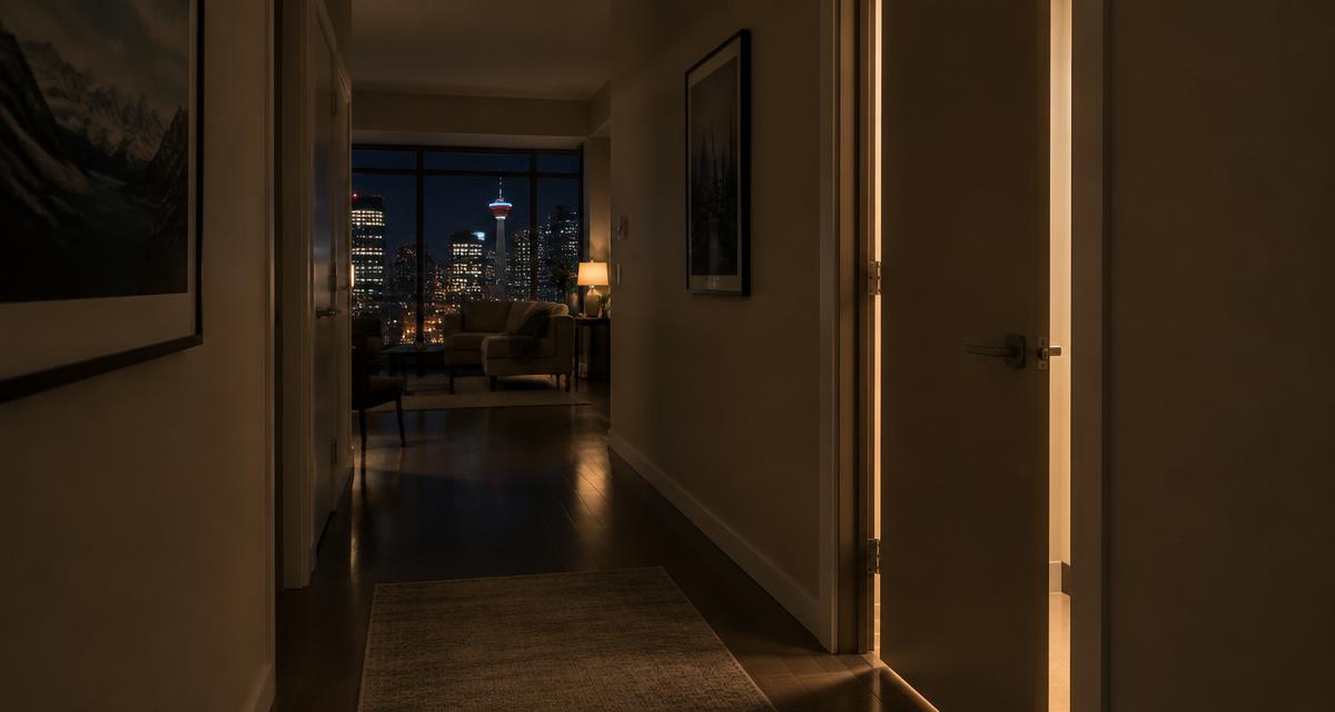 Quiet Calgary condo hallway at night with the downtown skyline beyond