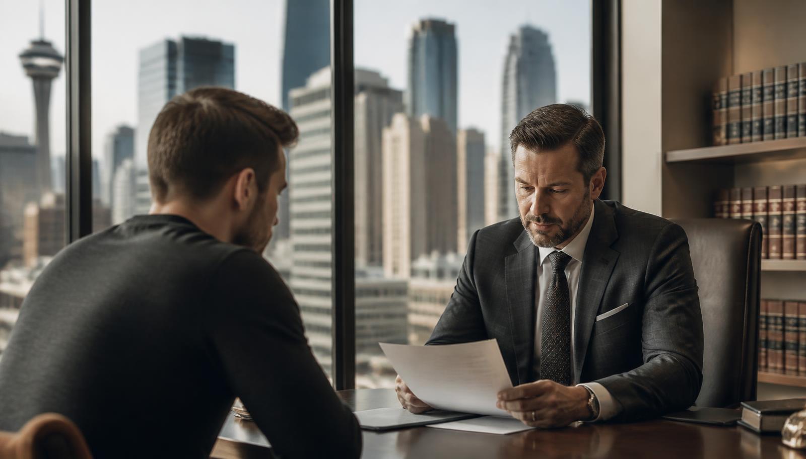 Person seated across from a Calgary criminal defence lawyer in a downtown law office, reviewing a release order document with the city skyline behind them
