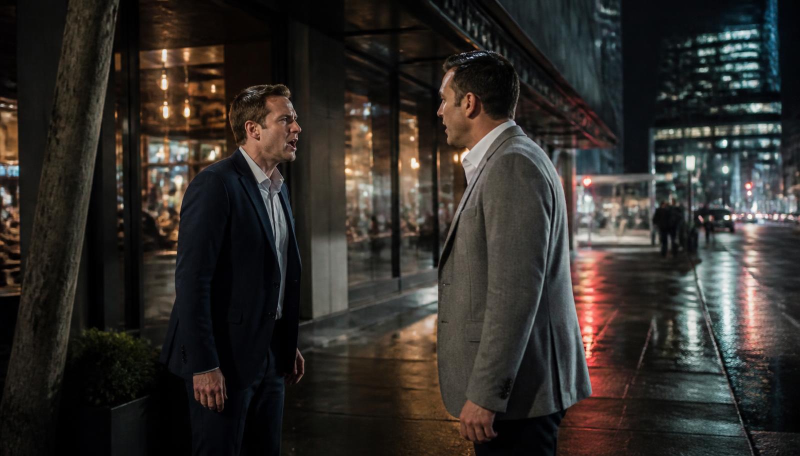 Two men standing several feet apart in a tense verbal disagreement on a wet sidewalk outside a Calgary bar at night, no physical contact