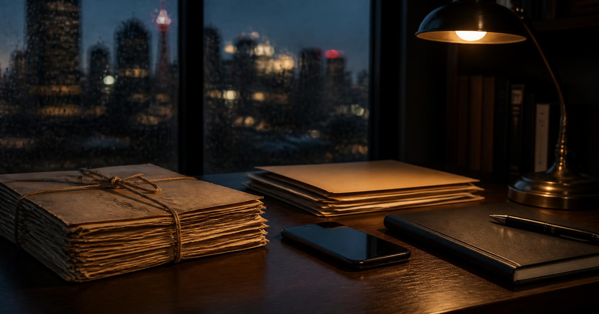 Aged case file and modern legal materials on a Calgary lawyer's desk representing historical criminal allegations