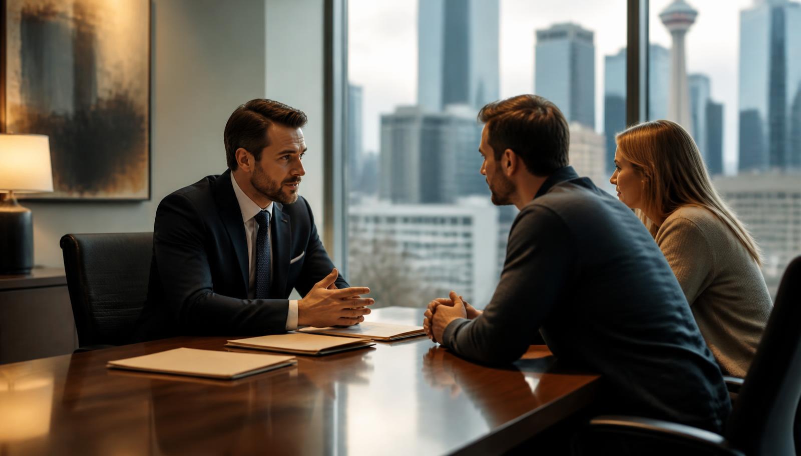 Calgary criminal defence lawyer meeting with an adult client and a supportive family member in a law office, with legal and clinical documents on the table